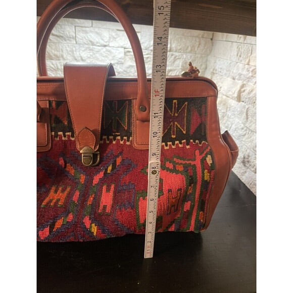 Vintage YUN ART Travel Bag Kilim Wool Leather Turkish Pattern Rush/Tan One Size - Picture 14 of 15
